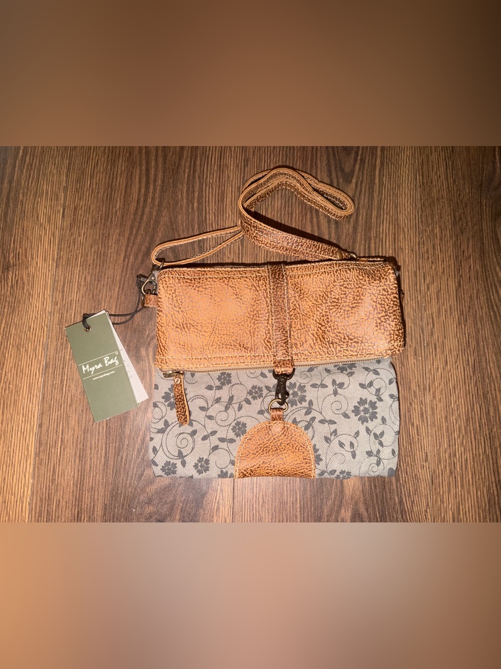 Myra Bag Tan Leather & Floral Canvas Convertible Crossbody